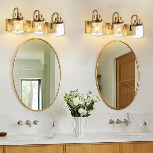 Image of Yaohong Modern Bathroom Vanity Light, 3 Light Bathroom Light Fixture Over Mirror, Gold Bathroom Light with Glass Shade for Bedroom Vanity Cabinet Hallway Stairs
