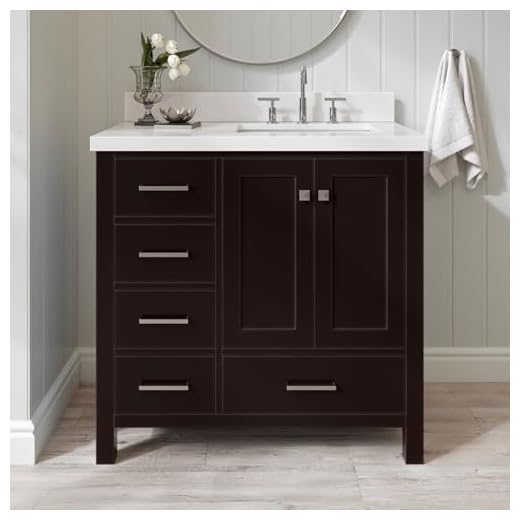 ARIEL 37" Inch Espresso Bathroom Vanity w/ 1.5" Edge Pure White Quartz Countertop & Backsplash | Right Rectangular Sink | 2 Soft Closing Doors & 5 Full Extension Dovetail Drawers | Satin Nickel Pulls