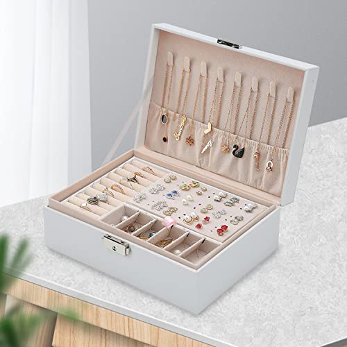 Jiubiaz Boîte à bijoux pour femme en cuir PU double couche pour bagues, boucles d'oreilles, bracelets, colliers, bijoux organiseur boîte cadeau Blanc Cover