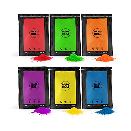 POLVO HOLI - Lot de 600 g de poudre Holi - 6 sachets de 100 g - 6 couleurs