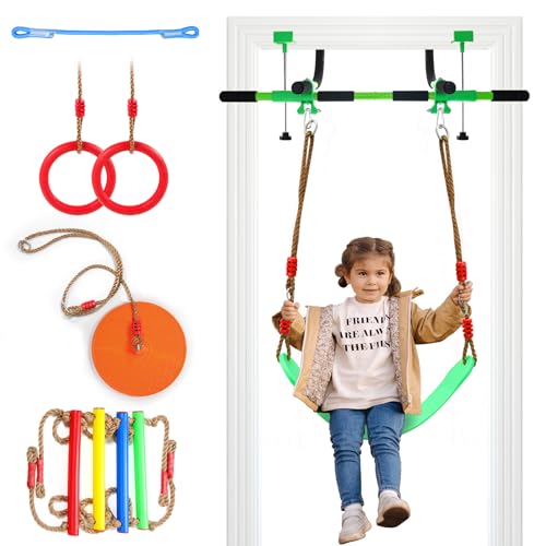 Doorway swing mount for Kids & Door Pull Up Bar for Adults Indoor Kid Swing with 4 Accessories Multi-Function Doorway Gym Fits Door Frame 24.41-30.51 W x 3.94-6.69 Thickness (Green)