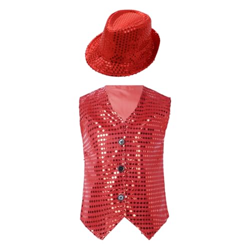 vastwit Kids Boys Girls Sparkly Sequins Vest Crop Top Hip Hop Jazz Modern Dance Jacket Waistcoat Red 4-5