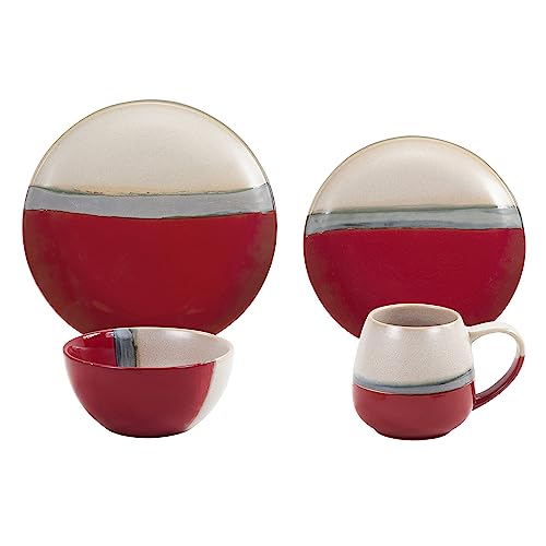 Image of Paseo Road Pasadizo 16 Piece Ceramic Western Dinnerware Set with Plates, Bowls, Mugs, Red and Cream Brushstroke Waves Solid Pattern Rustic Cabin Style