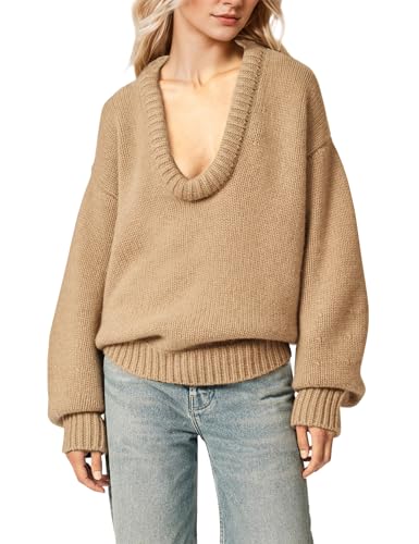 Women's Oversized U Neck Pullover Sweater Long Sleeve Knitted Sweater Chunky Trendy Fall Winter Sweater Tops