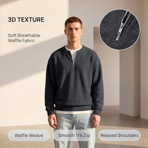 Waffle Quarter Zip Pullover Men 1/4 Zip 2 in 1 Faux Layered Sweatshirts - image 5