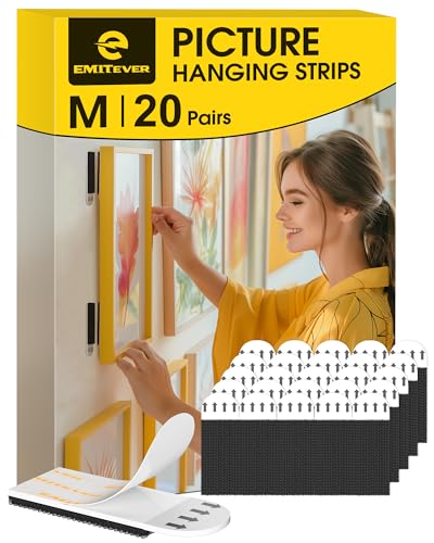 Emitever Picture Hanging Strips Heavy Duty M-20 Pairs (40 Strips), Holds up to 5.4 KG, No Damage Picture Adhesive Strips, Hook and Loop Mounting Tape Black