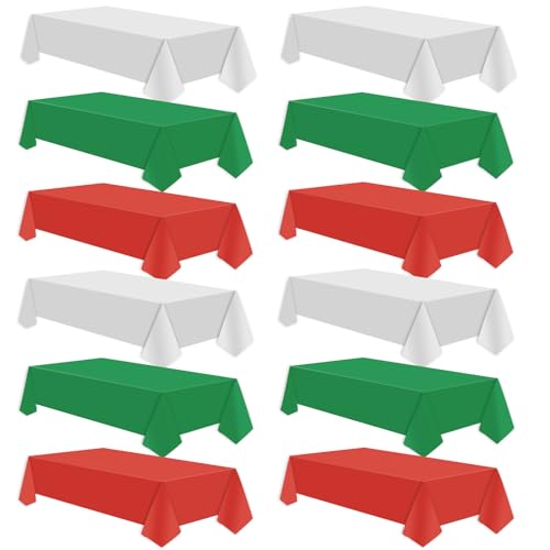 Image of CIEOVO 12 Pcs Plastic Tablecloths, Disposable Rectangle Red White Green 54 x 108 Inch Waterproof Table Covers for Christmas Birthday Party Festival Party Decorations