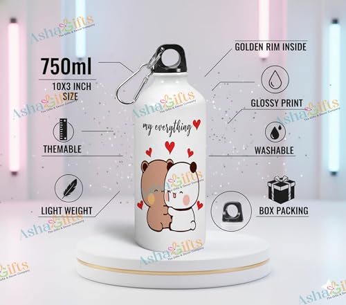 Image of Bubu Dudu Love Gift for Birthday /Anniversary Sipper Water Bottle Aluminium with Coffee Mug, Wooden Keychain Combo Pack NMSK (BOTTLEMUGKEY-5)