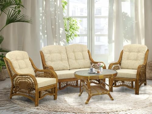Malibu Lounge Set of 4: 2 Natural Rattan Wicker Chairs, Loveseat with...