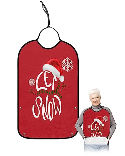 LEOKOTI Christmas Snowman Adult Bibs for Eating, Waterproof Bibs with Food Catcher & Adjustable Snap Closure, Red Winter Snowflake Washable Clothing Protectors Adult Bibs for Elderly Women/Men