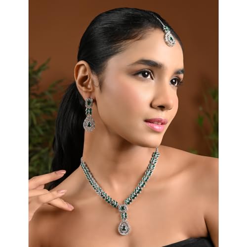 Image of I Jewels Silver Plated Elegant Leaf Motif Necklace Set with Earrings & Maang Tika for Women