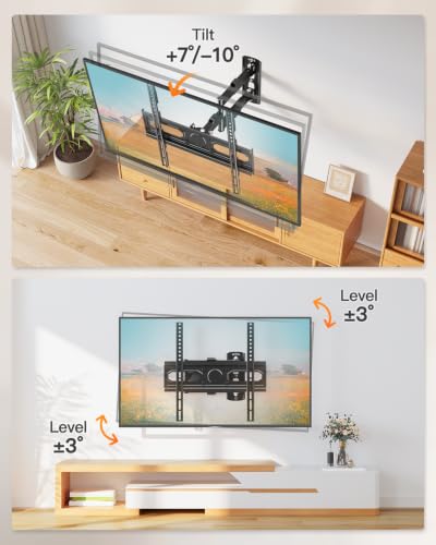Image of ELIVED Full Motion TV Wall Mount for 26-60 inch TVs, Max VESA 400x400, 77 lbs. | 7 up & 10 down tilt, ±90 swivel, single stud structure, flexible for corner TV installation