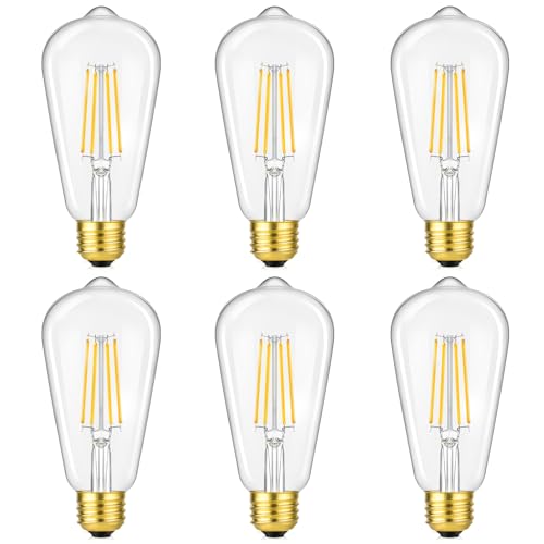Dimmable Vintage LED Edison Bulbs Equivalent 60W Incandescent, 6W 900Lm Warm White 2700K ST58 Antique LED Filament Bulbs, 90+ CRI, E26 Medium Gold Base Light Bulb, Clear Glass Style for Home, 6 Packs