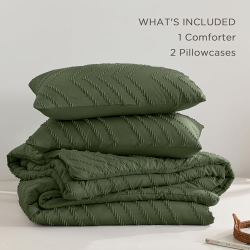 Image of Andency Olive Green Comforter Set Queen Size, Boho Soft Fluffy Warm Lightweight Bedding Comforter Sets for Queen Bed, 3 Pieces Chevron Tufted Aesthetic Microfiber Lightweight Comforter Set