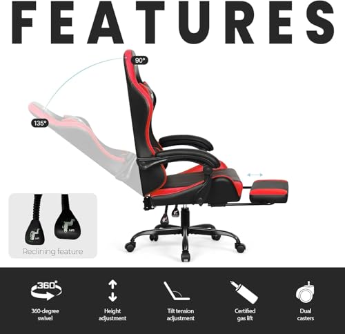 Image of N-GEN GAMING Gaming Chair with Footrest, Lumbar, High-Back, Red Black