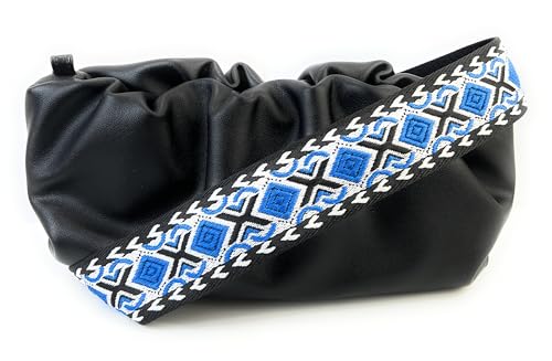 Image of Black Blue Boho Diamond Purse Strap with Gunmetal Black Hardware 2 Inch Wide Replacement Crossbody Guitar Style Shoulder Strap for Handbags Totes