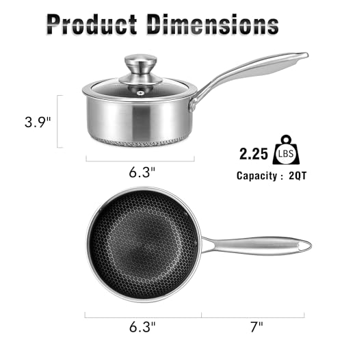 AuFranc™ Hybrid Nonstick 2 Quart Stainless Steel Saucepan with Glass Lid, Induction Sauce Pan with Honeycomb Carving, Non-stick Sauce Pot Compatible with All Cooktops, Dishwasher Safe, Non-Toxic