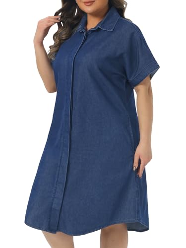 Image of Agnes Orinda Plus Size Denim Dress for Women Short Sleeve Button Down with Pockets Midi Jean Denim Shirt Dresses