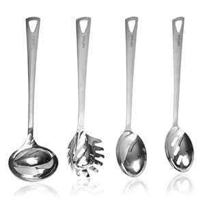 4PCS Cooking Utensils Set, Stainless Steel Kitchen Utensils Set, Durable Kitchenware Set for Cooking, Utensils Set with Slotted Serving Spoon, Spaghetti Fork, Ladle, Solid Serving Spoon