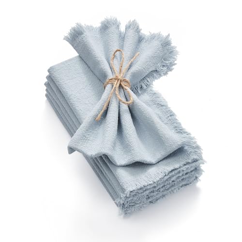 KINGSTONE Cloth Napkins Set of 6, 18x18 Inches 270G Heavyweight Cotton Linen Napkins, Sand Washed Soft Dinner Napkins for Modern Farmhouse, Rustic Boho Table Decor Slub Texture, Light Blue by KINGSTONE - Used condition - US$17.97