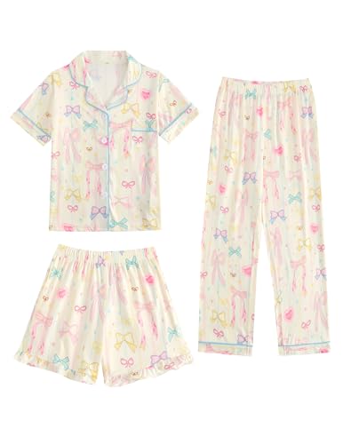 JiAmy Conjunto de 3 piezas con botones para niñas, estampado colorido, manga corta, 4-12 años, Lazo colorido, 9-10 años