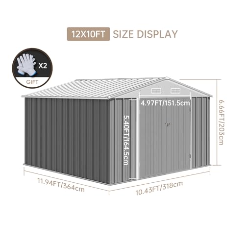 10x12 Ft Outdoor Storage Shed, Large Steel Utility Tool Shed, Garden Patio Lawn Poolside Metal Shed Outdoor Storage with Sloped Roof & Locking Door Designed to Organize Tools in Yard, Gray