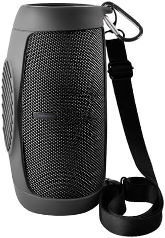 Silicone Cover Case for JBL Charge 5 Portable Bluetooth Speaker, with Shoulder Strap & Carabiner for Outdoor Traveler/Music Lover, Beach, Pool, Cycling, Hiking, Camping, Protective Pouch Only (Black)