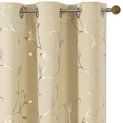 BUHUA Blackout Curtains Gold Foil Print Flower Vine Grommet Drapes, Room Darkening Thermal Insulated Curtains, Noise Reducing Blackout Curtain for Bedroom, Beige, 38Wx84L, 2 Panels