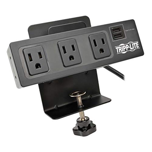 Tripp Lite 3 Outlet Surge Protector Power Strip with Desk Clamp, 10ft. Cord, 510 Joules, 2 USB Charging Ports, Black, $20K Insurance & (TLP310USBC)