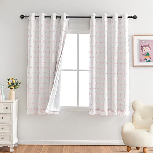 Image of MYSKY HOME Pink Pom Pom Blackout Curtains for Girls Bedroom 63 Inch Long 100% Blackout Curtains for Kids Room 2 Panels Room Darkening Small Window Treatment Grommet 2 Layered Drapes Toddler 52W x 63L