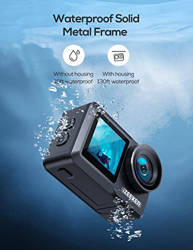 Image of iZEEKER Action Camera 4K 60FPS with Touchscreen, 40M Underwater Camera Waterproof, Dual Screen Vlog Camera with EIS, WiFi, Remote Control with 2X 1350mAh Batteries, Battery Charger and Accessory Kit