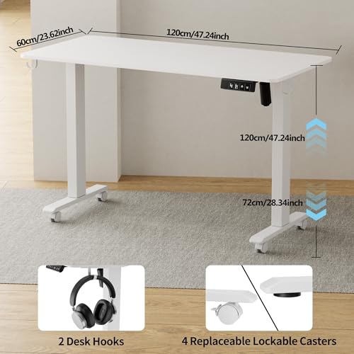 TIQLAB Standing Desk 47 x 24 inch, Electric Height Adjustable with Splice Board, Stand Up Desk, Sit Stand Desk Computer Desk for Home Office, White Frame/White Top
