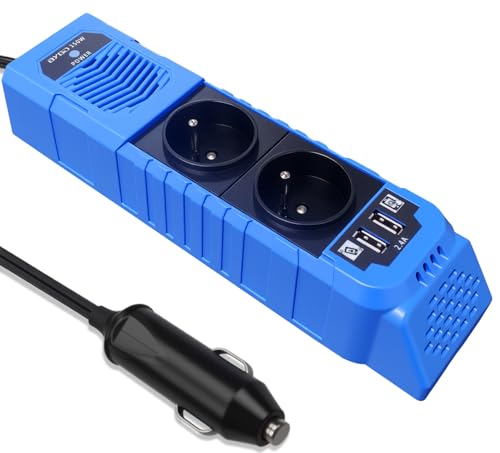 BYGD Convertisseur 12v 150W, Prise Allume Cigare Transformateur de Tension avec 2 Ports USB et 2 Prises EU Electrique pour Auto, Phone, Tablette, Ordinateur, Camping (Bleu)