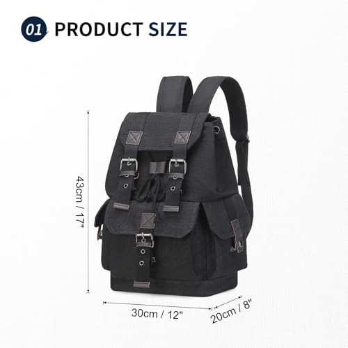 Vintage Canvas Backpack for Men Women, Durable Casual Daypack, Large Capacity Travel Rucksack Fits for Hiking and Daily Use (Black)3