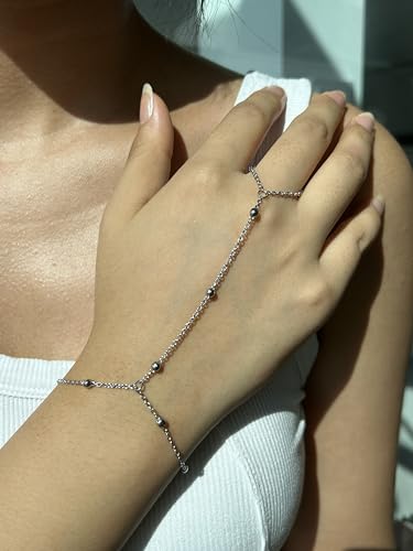 WangGao Stainless Steel Slave Chain Ring Bracelet Hand Harness Bracelet for Women,Adjustable Wrist Length Elegant Finger Jewelry3