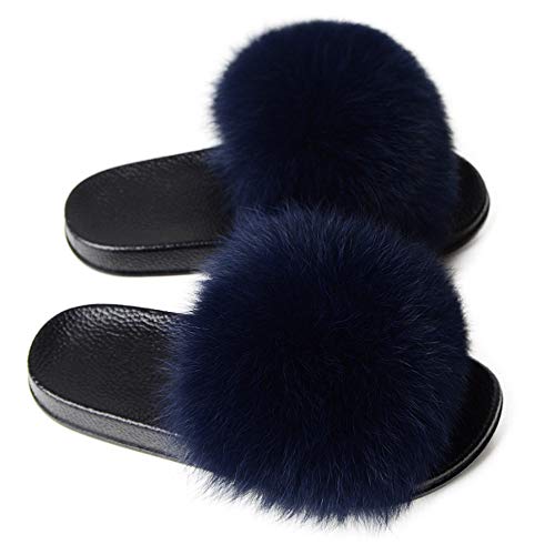 DAYISS Womens Real Fox Fur Slides Flip Flop Fluffy Slippers Fuzzy Sandals Furry Slide for Women