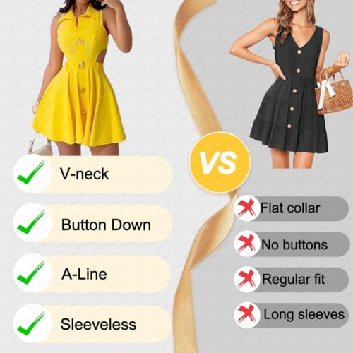 Ladies V-Neck Sleeveless Mini Dress with Metal Button Down, Sexy Hollow Out Waist A-Line Beach Dress for Summer4