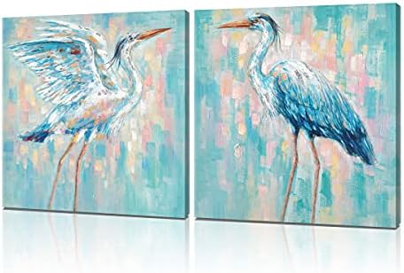Teal Blue Heron Canvas Wall Art Beach Decor Set of 2 Sea Birds Poster and Print Large Framed Coastal Painting Egret Pictures for Bathroom Bedroom Living Room Office Home Decoraions 20"x20"x2 Panels