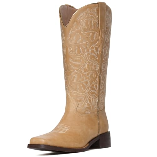 Bouwno Western Apricot Cowboy Boots for Women Embroidered Square Toe Pull on Yellow Cowgirl Boots Women Chunky Heel Fashion Knee High Fall Boots for Country Music Festival