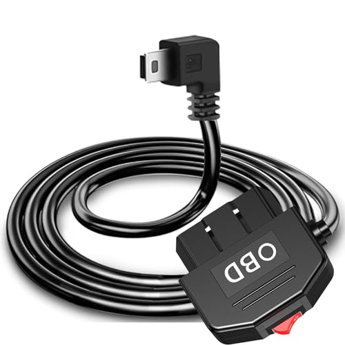 tunghey OBD Power Cable, Mini USB Port OBD2 Power Cable for Dash Camera 24 Hours Surveillance/Acc Mode with Switch Button, 16Pin OBDII Adapter Hardwire Charger Cable 12-26V to 5V 3.5M (Left Angle)