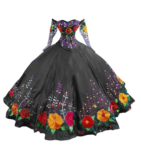 Colorful Flower Embroidery Ball Gown Mexican Quinceanera Dresses with Long Illusion Sleeves Prom Cocktail 2025