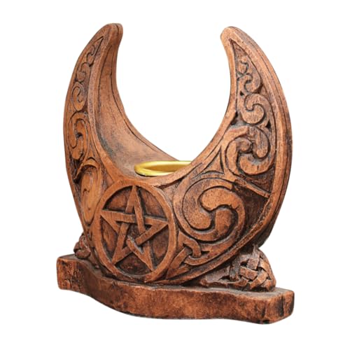 Crescent Moon Candle Holder Pentacle Wiccan Pagan Home Decor - Wood Finish
