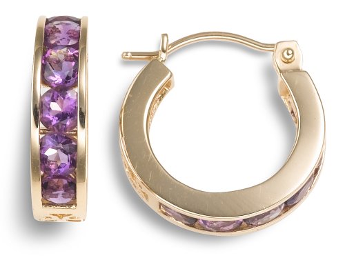 Amazon Collection 14k Yellow Gold Channel-Set Amethyst Hoop Earrings