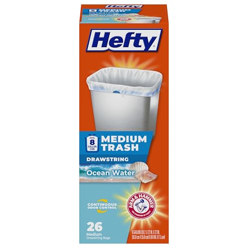 Hefty Medium Trash Bags 8 Gallon Ocean Water Scented Garbage Bags with Drawstring Closure White 26 Count