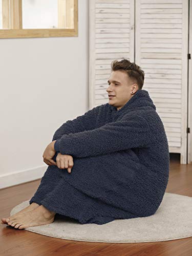 Ililmmoe Sherpa Wearable Blanket Oversized Hoodie Sweatshirt Tv Blanket With Long Sleeves And Pocket-Navy #TOP3