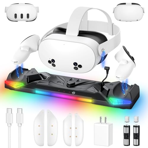 Kinwin 30W Fast Charging Dock for Meta Quest 3S/3/2, Magnetic Charger Station Stand for Oculus Quest 3S/3 Accessories with 11-Color RGB Light, 2 Rechargeable Batteries & Covers for Headset (Black)