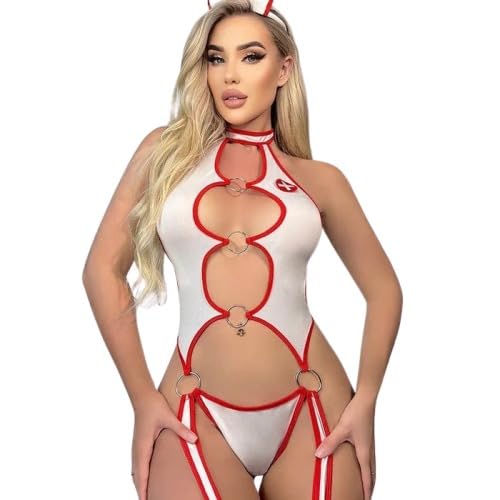 Hotline Nurse Fantasy Cut-Out Bodysuit Lingerie|Medium Black and Red