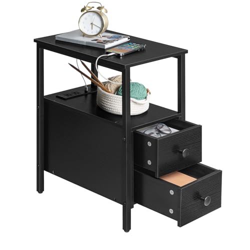 HOOBRO End Table with Charging Station, Narrow Side Table with 2 Drawer & USB Port & Power Outlets, Nightstand for Small Spaces, Stable and Sturdy, for Living Room, Bedroom, Black BK541BZ01