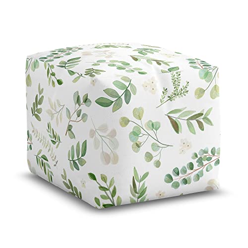 Sweet Jojo Designs Green Boho Floral Leaf Boy Girl Ottoman Pouf Cover Unstuffed Poof Floor Footstool Square Cube Pouffe Storage Baby Nursery Kids Room Sage White Bohemian Gender Neutral Watercolor -  Pouf-Botanical-PRT