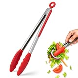 Pinzas de cocina, Pinzas de barbacoa, Pinza para cocinar, Material de acero inoxidable con silicona, Apta para alimentos, Pinza Ensalada, Libre de BPA, Mango Anti-Deslizante, Rojo, Longitud 34 cm